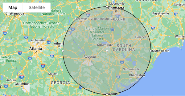 We deliver to most of South Carolina and into the Charlotte NC and Augusta GA areas.