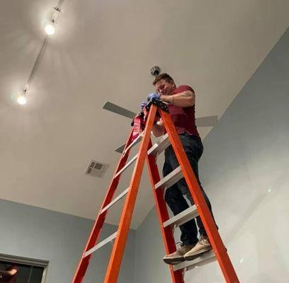 Installing a very high up ceiling fan!