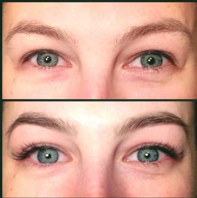 The full shabang! Before and After. Brow wax, brow tint, and eyelash extensions. Perfect for vacation!