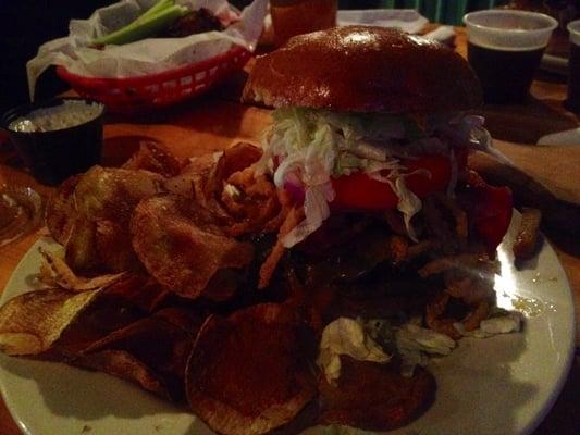 Cowboy Burger with homemade chips.