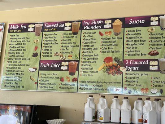 Menu for milk tea and other drinks