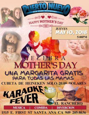 Los esperamos hoy 10 de mayo
Tendremos mole de pollo$10
Costillas en salsa verde$10
Y una margarita gratis para ser Feliz a mama karaoke