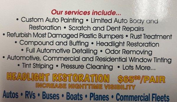 Our business card has a list of services taht we provide.