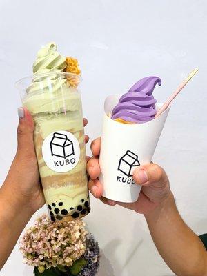 Matcha ice cream with earl grey milk tea and boba, ube mochi taiyaki