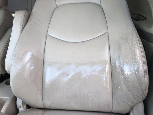 Look at the difference in dirty and clean leather. Come get your leather cleaned and conditioned today!