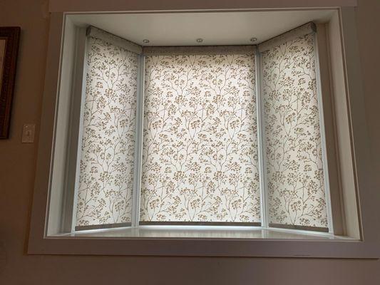 Signature Series Lifght Filtering ROller Shades in a bay window in Silverspring MD