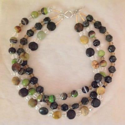 Labradorite, Jasper & Agate accented by crystal Triple Strand Necklace