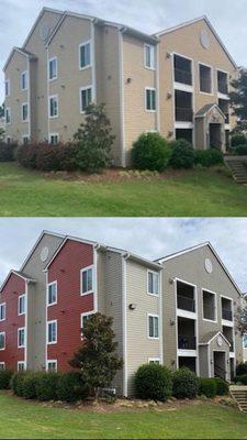 Before and after the installation of new windows, siding, and layer of paint.