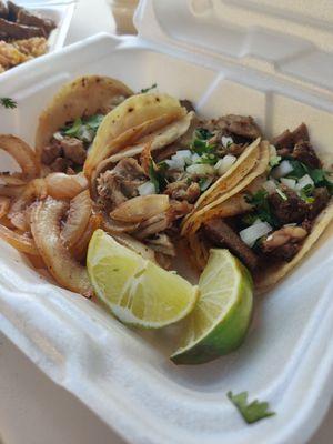 Steak, carnitas and lengua tacos.