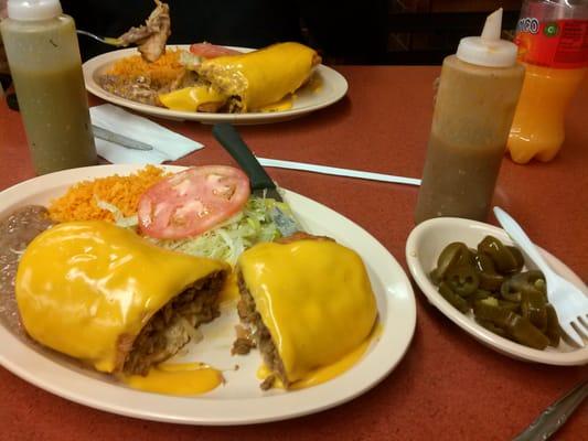 Chimichanga platter with refried beans & rice.