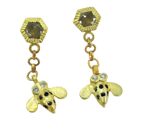 Rebecca Myers 18ky gold bee earrings with diamonds.