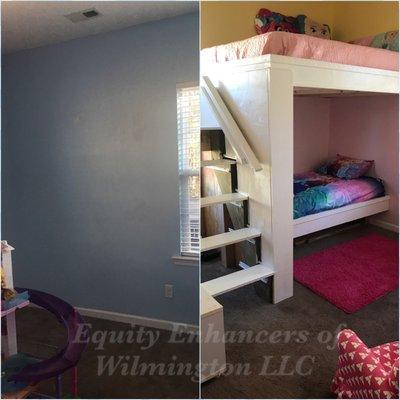 Custom built bunk beds and newly painted girls room.