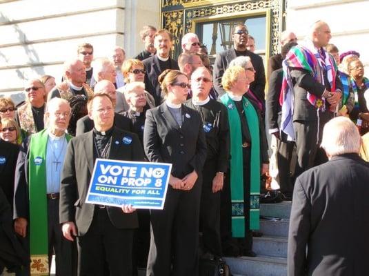 Our pastor standing on the steps of San Francisco with various other clergy, including our bishop, saying No to Prop 8!