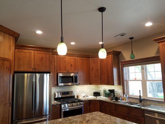 New Kitchen Construction. Pendant Lighting & Under Cabinet Lighting. LED Recessed Cans in the ceiling.