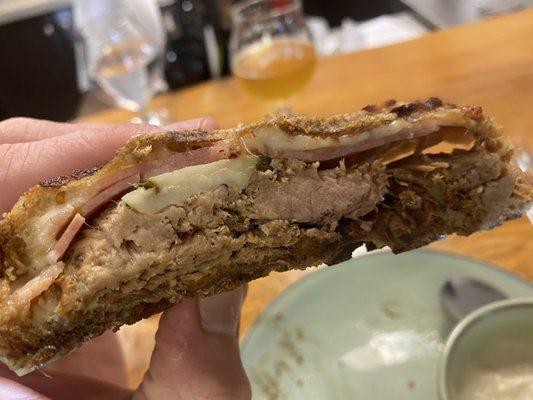 Tender pork w/ a nice panini press and crunch.