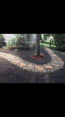 Stone pathway and mulched beds. Topdressing to help healthy lawn germinate.