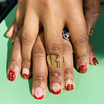 Birthday nails! Deep Burgundy & Gold MudCloth and nail jewelry - by Skyy