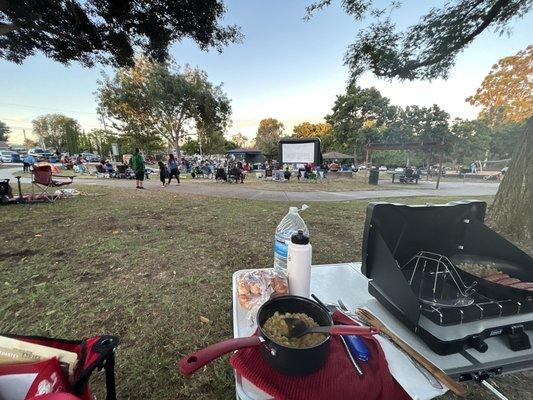 Set up for the movie night. Pups are welcome.