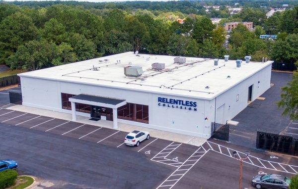 Aerial view auto body shop Raleigh secure storage Relentless Collision