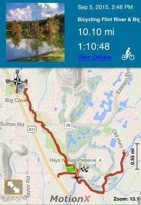 A leisurely Saturday ride of just over 10 miles on Big Cove Creek & Flint River Greenways 20150905