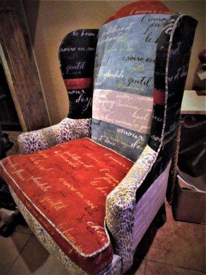 Guerrero's upholstery--my chair for family room, I patched script upholstery together, and they upholstered perfectly