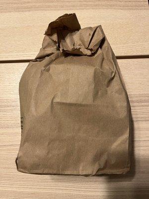 Delivered from Yelp/ Grubhub in a brown paper bag :)