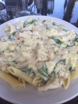 Pasta Special of the week, Creamy Chicken, with spinach, artichoke, and bacon, over penne.