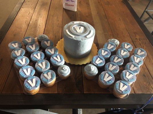 Chocolate Fortnite VBuck Cake with two dozen vanilla cupcakes!