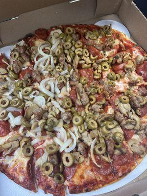 It's a pretty pizza. It would be prettier without the mushrooms.