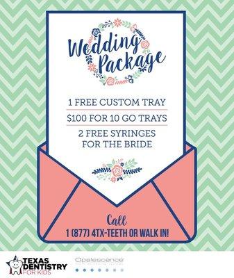 Needing that white smile for your special day? We provide you with 10 Opalescence Whitening GO Trays, 1 FREE Custom Tray, and 2 FREE Whiteni