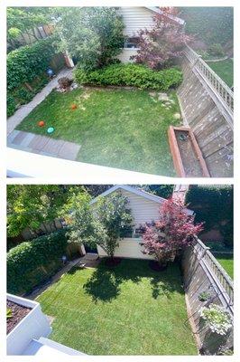 Before and After of our backyard cleanup and re-sod to increase yard space for our kids.