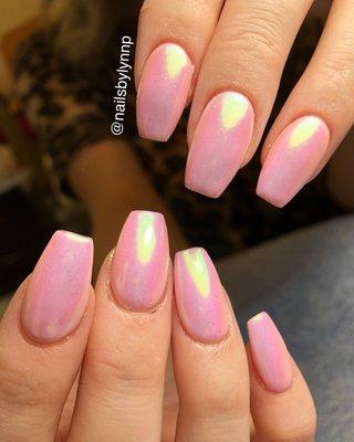 Pink gel polish with unicorn powder