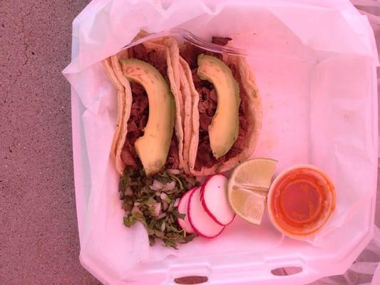 Beef tacos. Comes as an order of 3. One was devoured before I had a chance to take a picture!