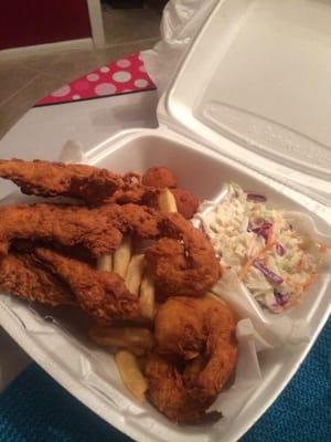 3pc fried shrimp, 3pc chicken tenders, ff, hush puppies, & cole slaw