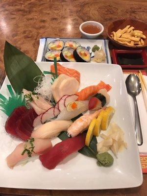 Sushi and sashimi combo with futomaki rolls