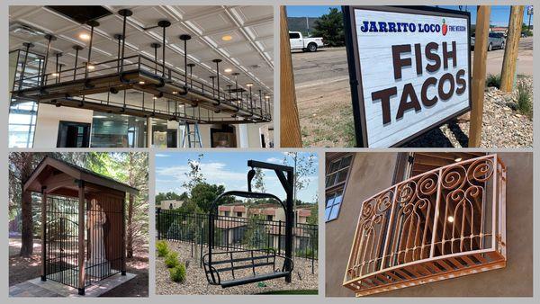 Custom metal fabrication including light fixtures, protective fences, swings, balconies, signs.