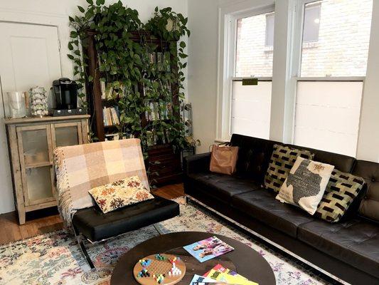 Inviting lobby where you can make a warm cup of coffee while you wait for your therapist to greet you.