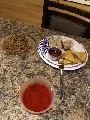 Crab Rangoon fried dumplings beef lo mein