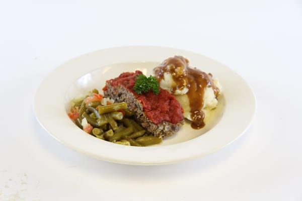 Mama's Meatloaf, Creamy Mashed Potatos, Brown Gravy and Green Beans.