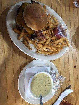 Elk burger, fries and broccoli cheese soup.