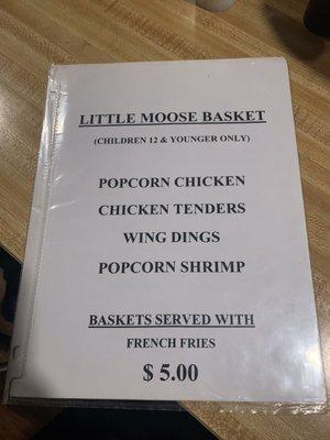 Little Moose menu on seafood night (Fridays)