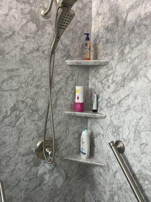 Corner shelves rainfall shower head and security shower bar