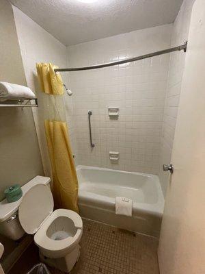 Bathroom with falling down shower curtain