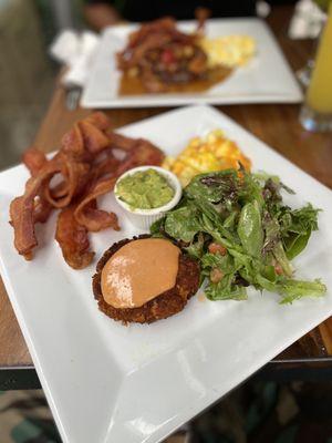 Crab Cake and Eggs with a side of Bacon