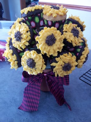 This is a bouquet of cupcake sunflowers for a bridal shower.