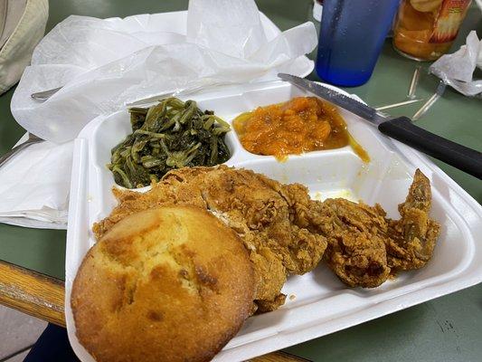 Fried Chicken, Turnip Greens, Yams, with Corn Muffin.