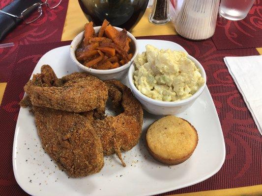 Catfish Steak, Yams, Potato Salad, and Cornbread.