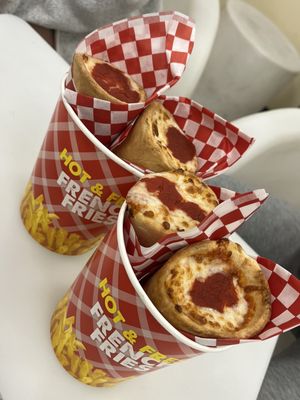 Pizza cones ready to eat