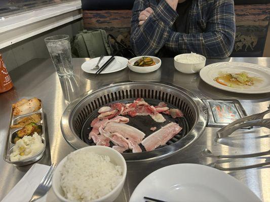 Pork belly, brisket, rice & lots of banchan!