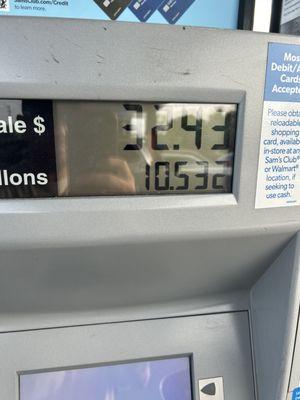 Car had 50 miles till empty less than quarter tank. At sams gas was 3.07 ugh but 32$ compared to 62$-70$ for my ridge-line 4x4 with 31" ATs